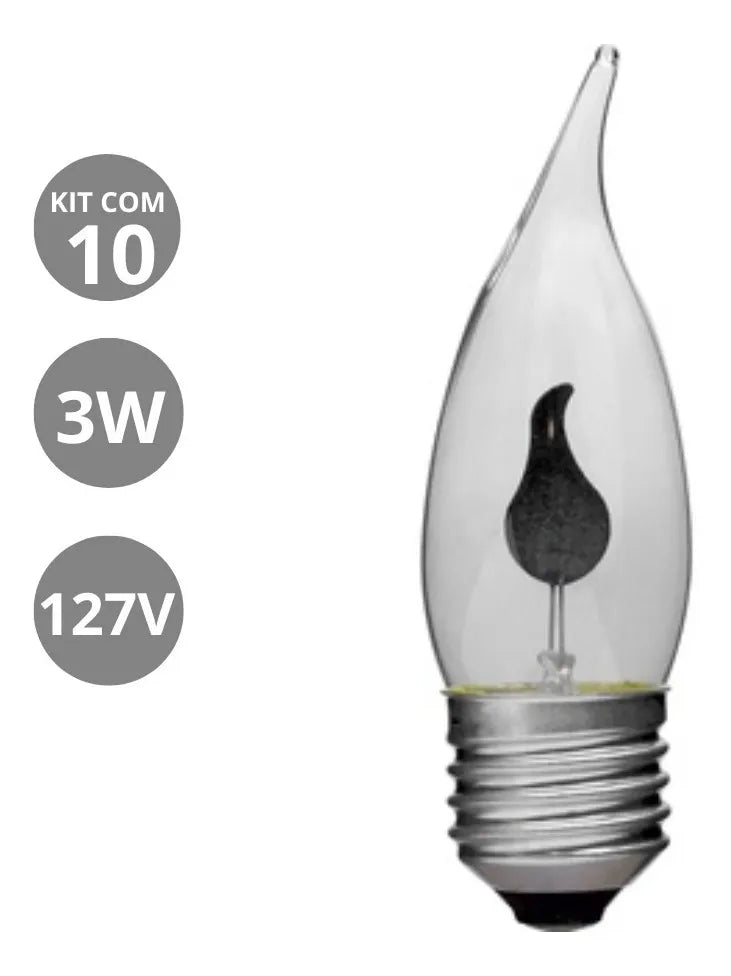 Kit com 10 Lâmpadas Vela Chama 3W | Efeito Decorativo Flicker Neon – 127V E27