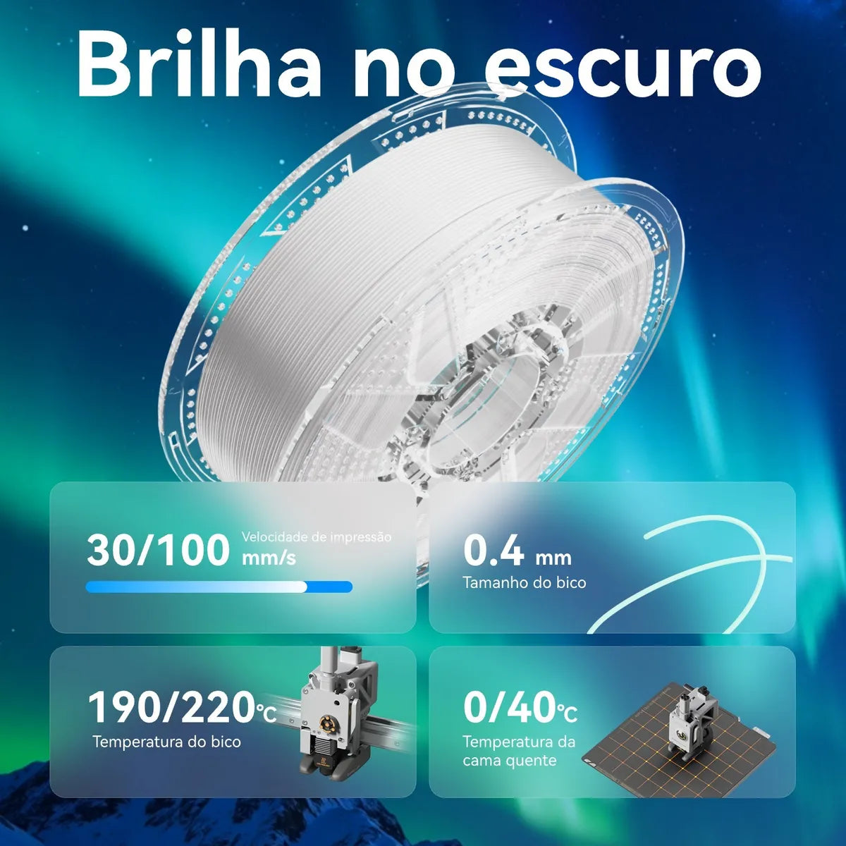 Filamento Conjure PLA Rainbow Fosforescente - Brilha no Escuro - 1,75mm - 1Kg