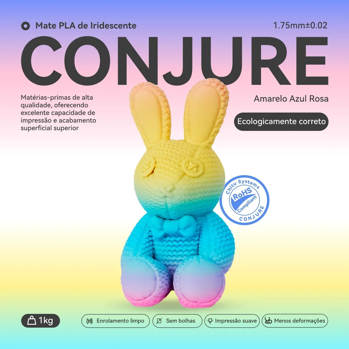Filamento Conjure PLA Matte Rainbow (Arco-Íris) - 1,75mm - 1Kg