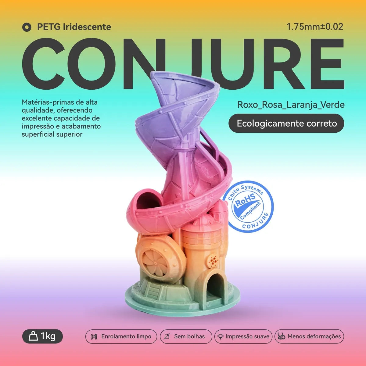 Filamento Conjure PETG Silk Rainbow (Arco-Íris) - 1,75mm - 1Kg
