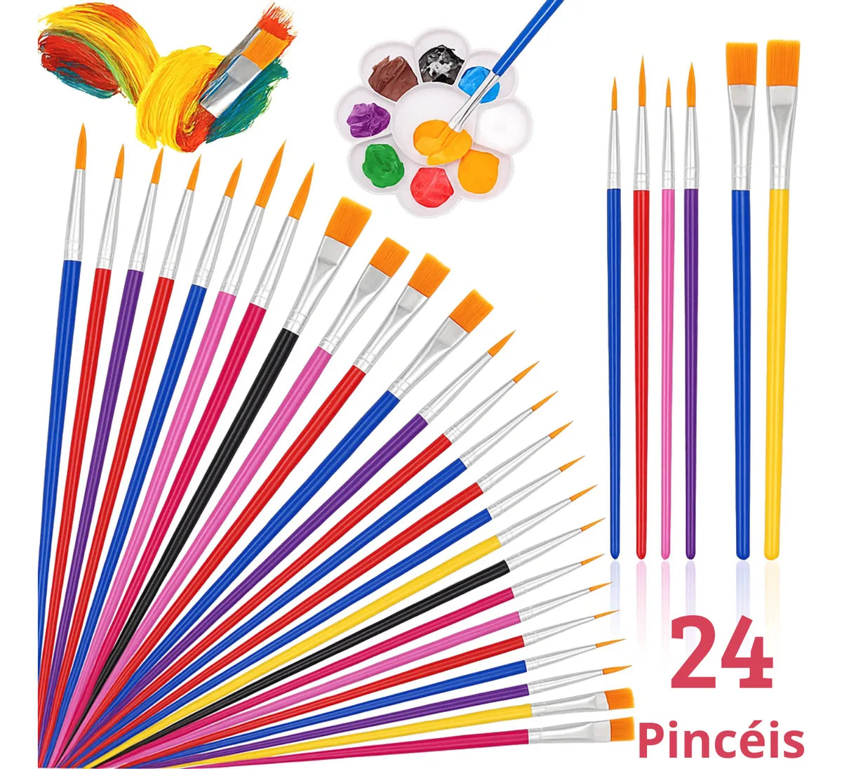 Kit com 24 Pincéis Artísticos – Ponta Fina Redonda e Chata para Artesanato e Projetos Criativos