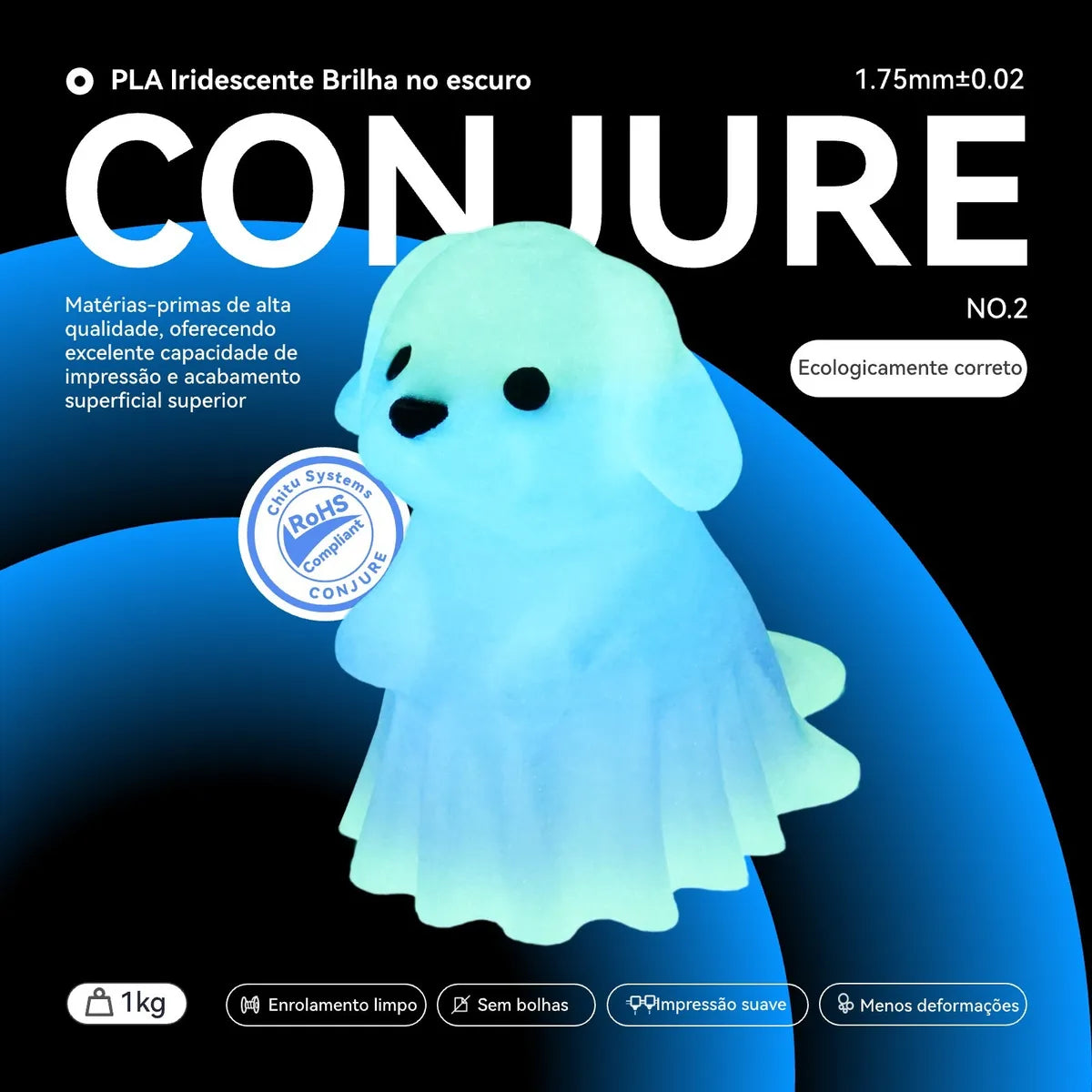 Filamento Conjure PLA Rainbow Fosforescente - Brilha no Escuro - 1,75mm - 1Kg