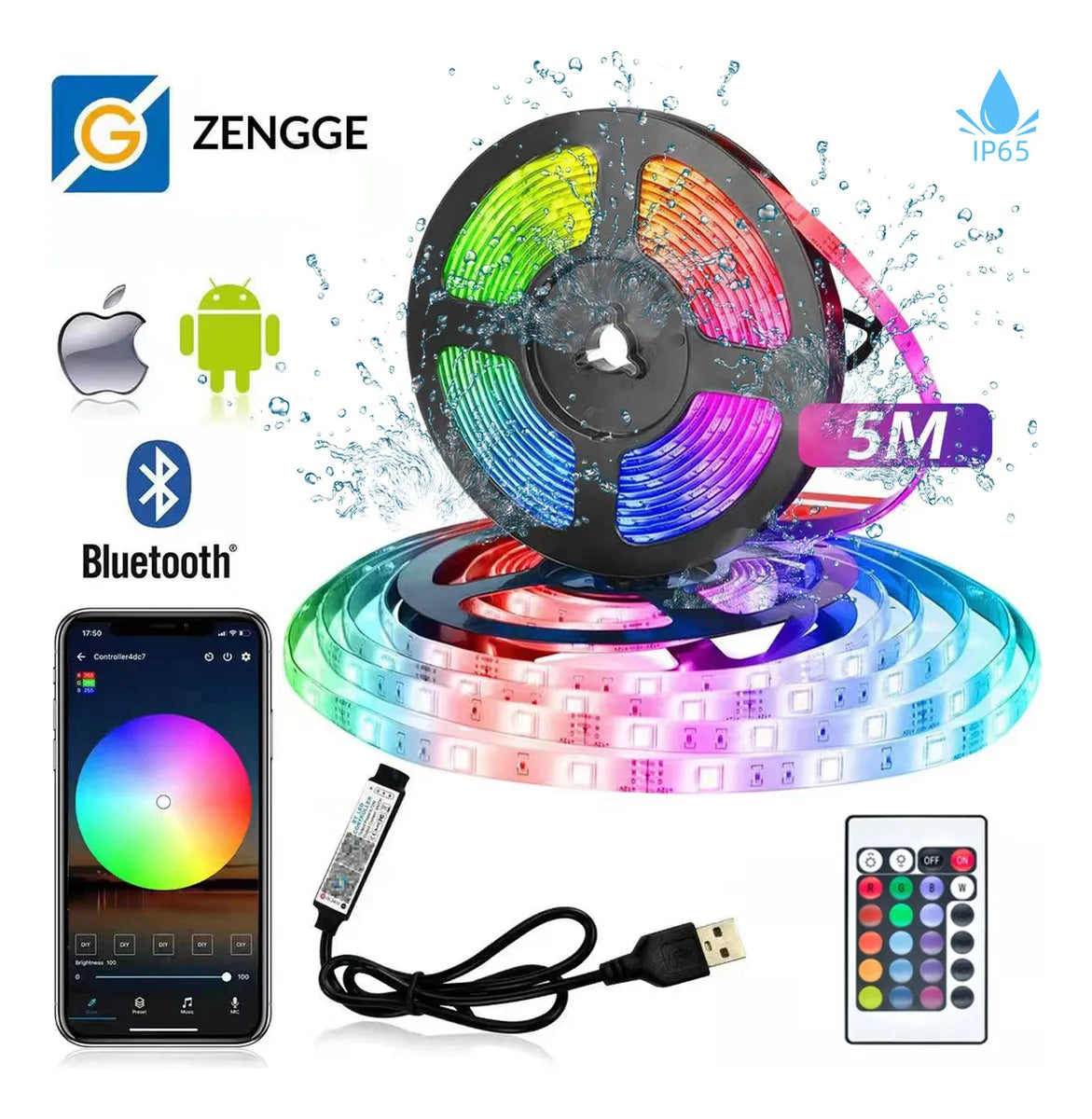 Fita LED 5050 RGB 5m 16 Cores IP65 com Bluetooth – Controle via APP
