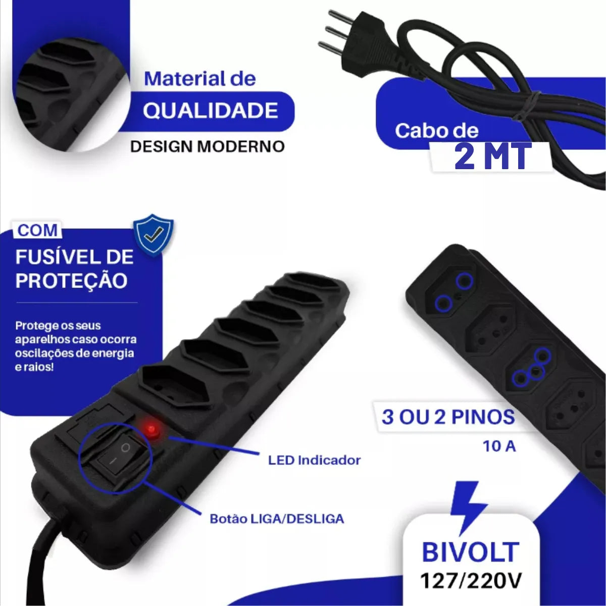 Filtro de Linha 6 Tomadas 10A com Cabo 2m – Ideal para Projeto Arcade e Eletrônica