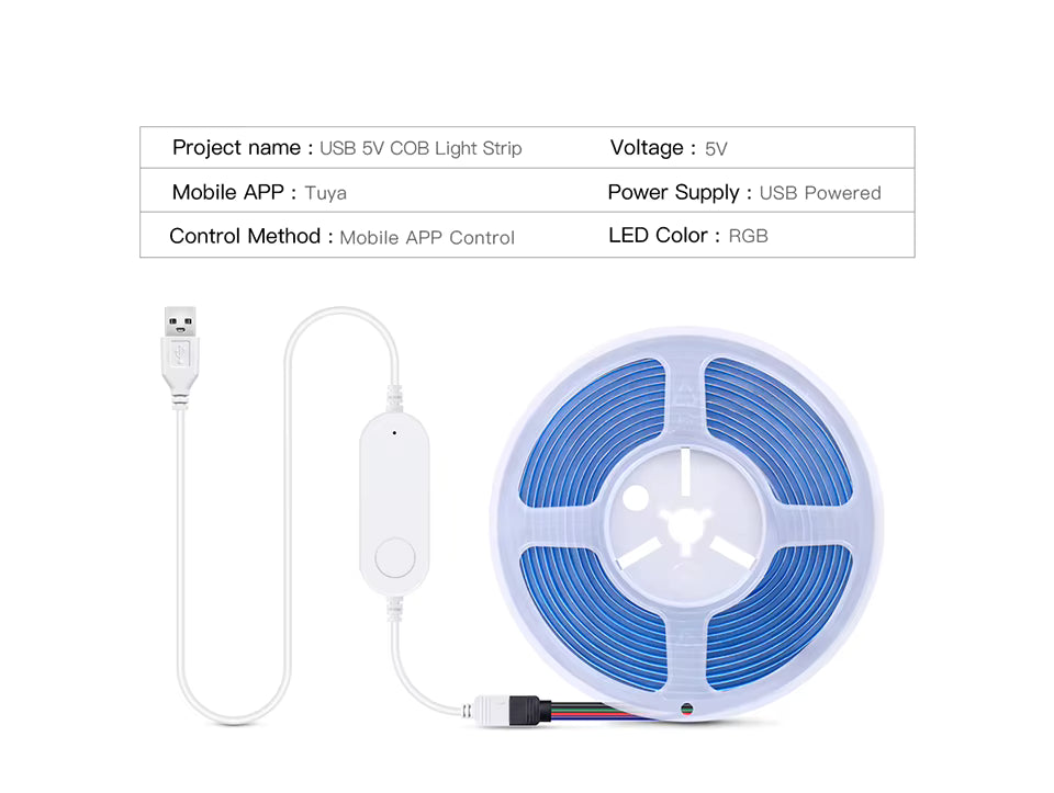 LED COB RGB Inteligente USB 5V – WiFi/Zigbee, Compatível com Tuya, Alexa e Google Home