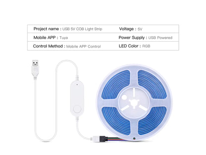LED COB RGB Inteligente USB 5V – WiFi/Zigbee, Compatível com Tuya, Alexa e Google Home