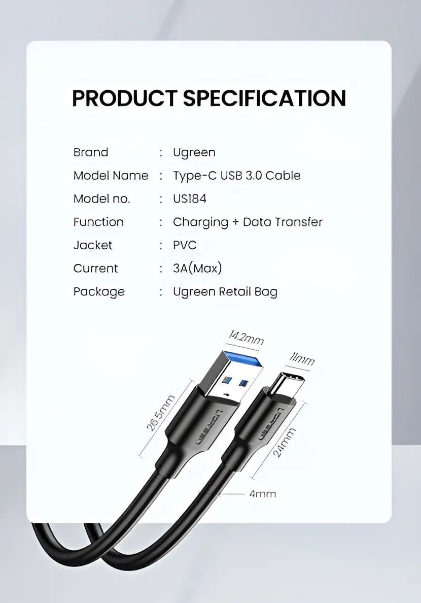 Cabo USB-C para Raspberry Pi 4 e 5 – Ugreen USB 3.0, 2m, 3A, Alta Velocidade