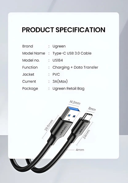 Cabo USB-C para Raspberry Pi 4 e 5 – Ugreen USB 3.0, 2m, 3A, Alta Velocidade
