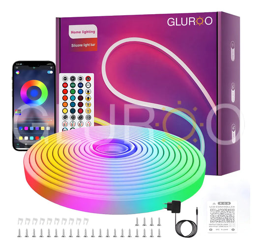 Fita LED Neon 5m RGB IP67 à Prova d’Água com Bluetooth + Fonte 24V – Controle via APP e Controle Remoto