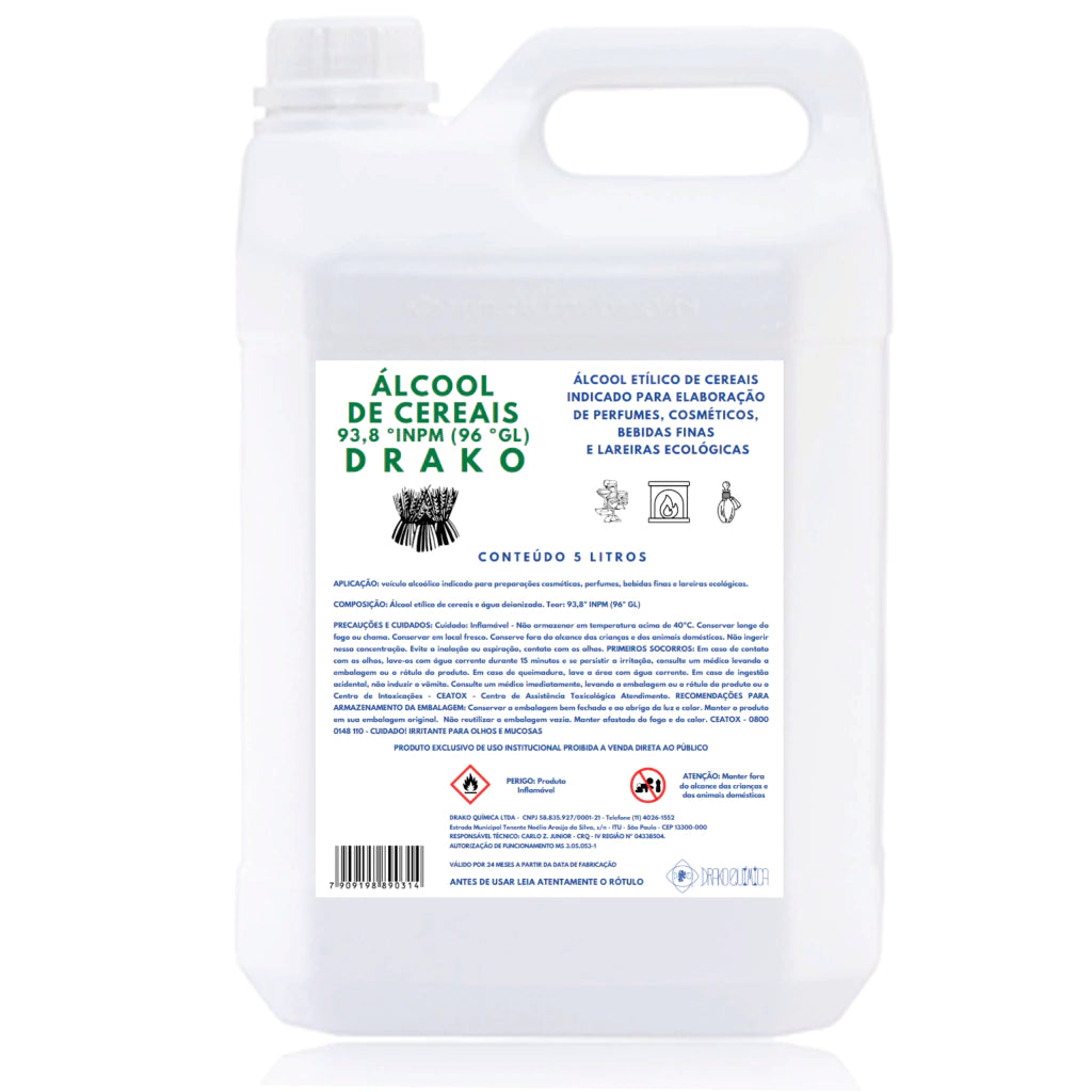 Álcool de Cereais 96ºGL Puro 5 Litros - Ideal para Cosméticos, Perfumes e Lareiras